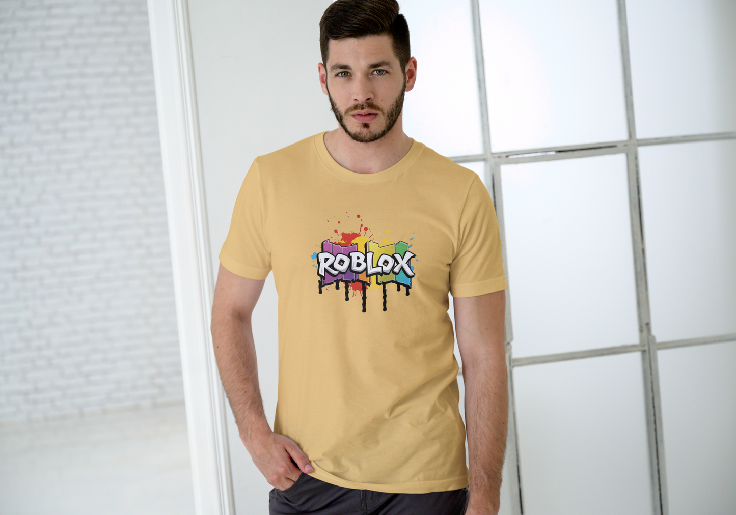 Men's Roblox Beige Graphic Printed T-shirt