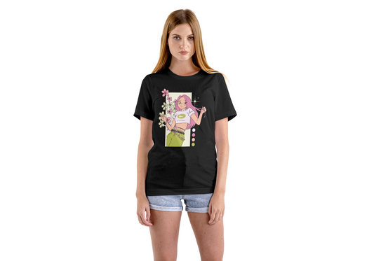 Women's Flower Black Graphic Printed T-shirt